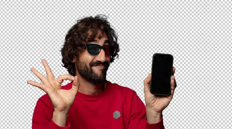PSD gratuito joven adulto barbudo con gafas virtuales y teléfono