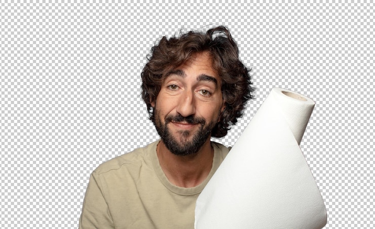 PSD gratuito joven adulto barbudo con un rollo de toalla de papel
