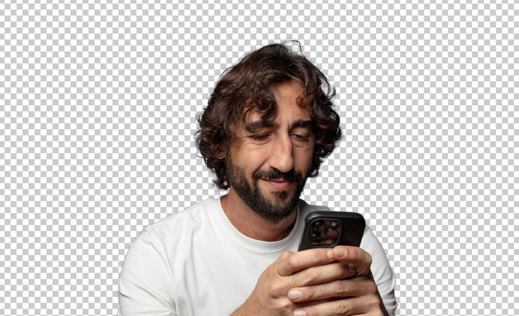 PSD gratuito joven adulto barbudo con un teléfono inteligente