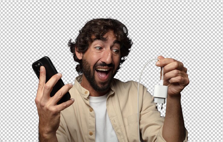 PSD gratuito joven adulto hombre barbudo concepto de cargador de teléfono inteligente