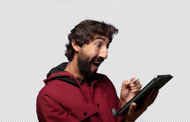 joven adulto usando una tableta con pantalla táctil