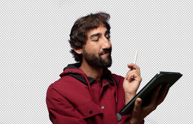 joven adulto usando una tableta con pantalla táctil