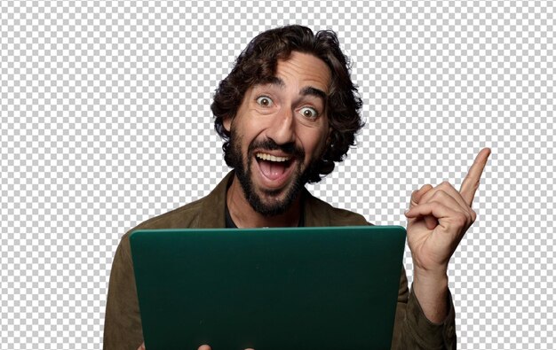 joven barbudo usando una computadora portátil