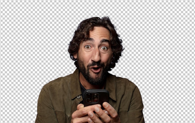 PSD gratuito joven barbudo usando un teléfono inteligente