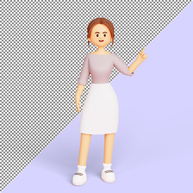 Joven empresaria de pie y señalando con el dedo el área en blanco para firmar o copiar espacio personaje de dibujos animados de ilustración 3d