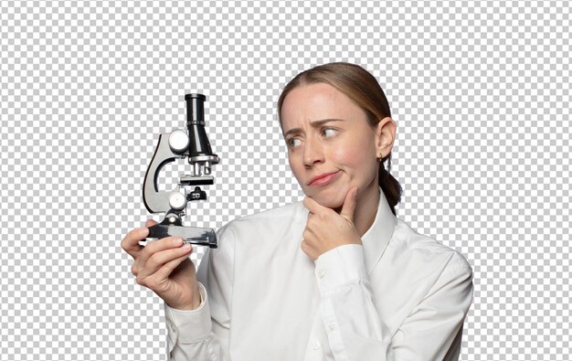 joven estudiante científica bonita con un microscopio