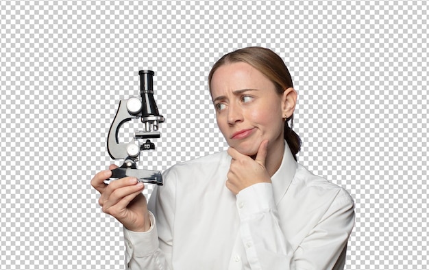 joven estudiante científica bonita con un microscopio