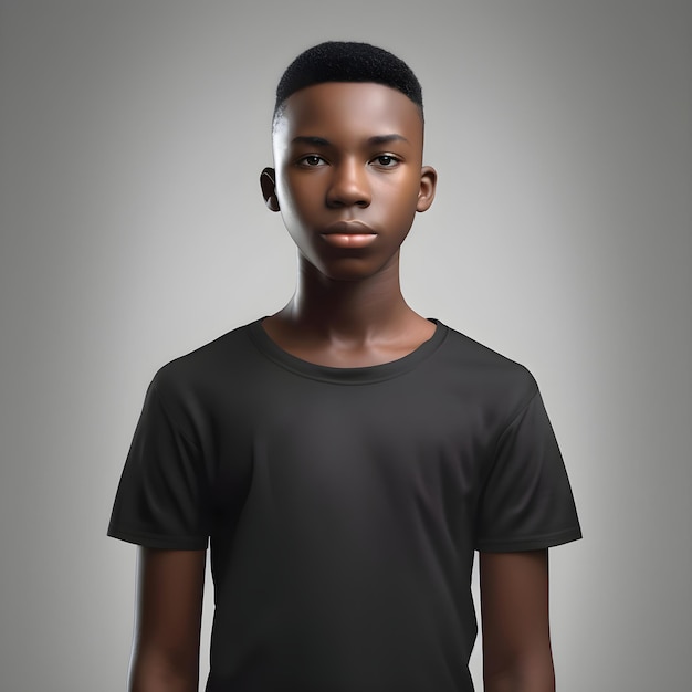PSD gratuito joven hombre afroamericano en camiseta negra sobre un fondo gris