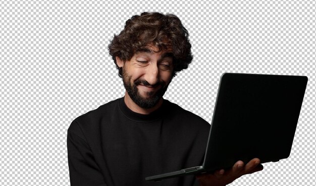 joven loco barbudo con una computadora portátil