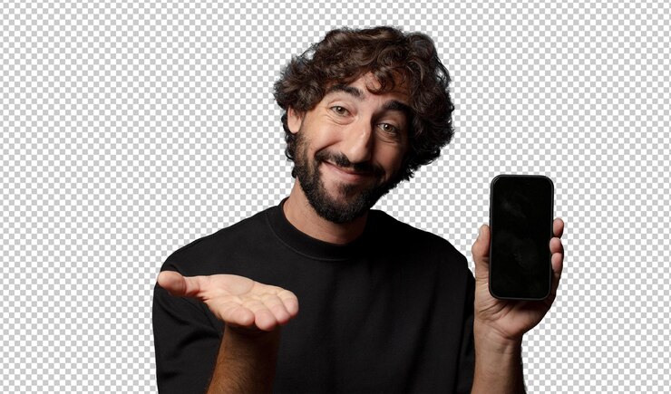 PSD gratuito joven loco barbudo con un teléfono inteligente