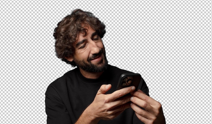 PSD gratuito joven loco barbudo con un teléfono inteligente