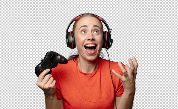 PSD gratuito joven mujer rubia concepto de jugador