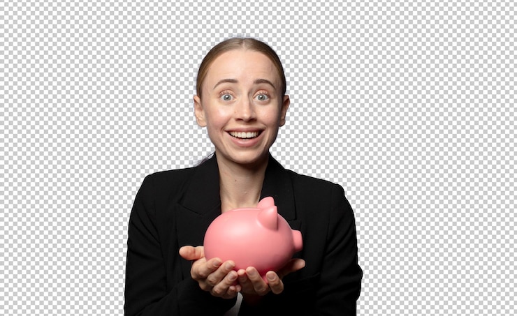 PSD gratuito una joven rubia con una alcancía.