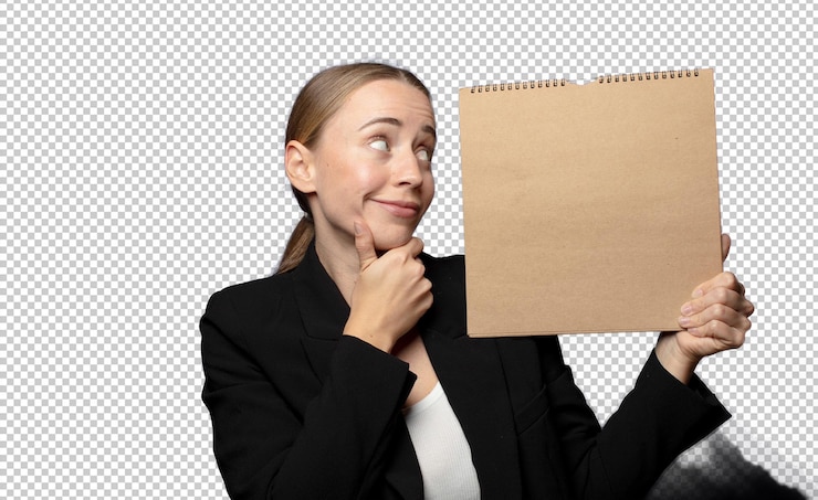 PSD gratuito una joven rubia con un cuaderno en blanco