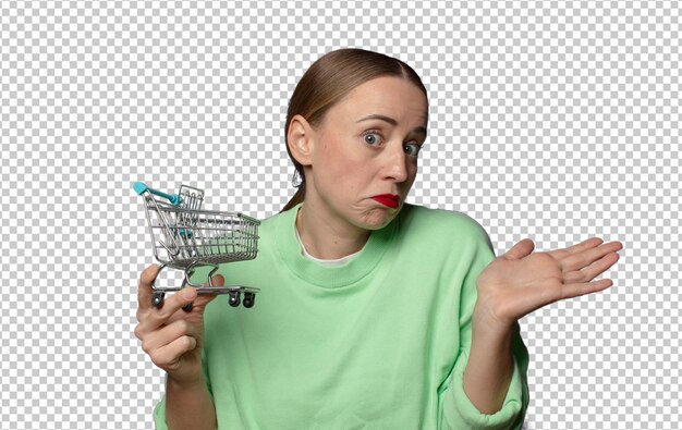 joven rubia con un pequeño modelo de carrito de compras