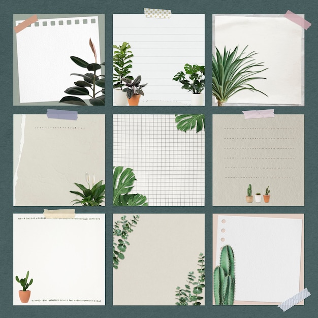 Juego de psd de notas de papel decorado con plantas de interior.