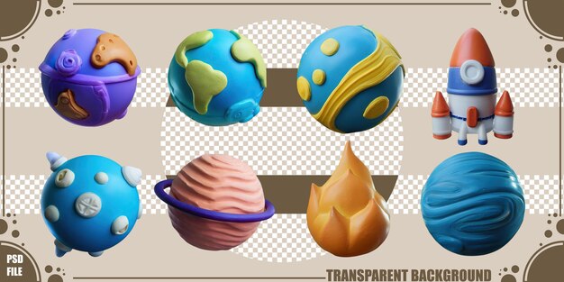 Juguetes coloridos de planetas y cohetes en 3D para niños