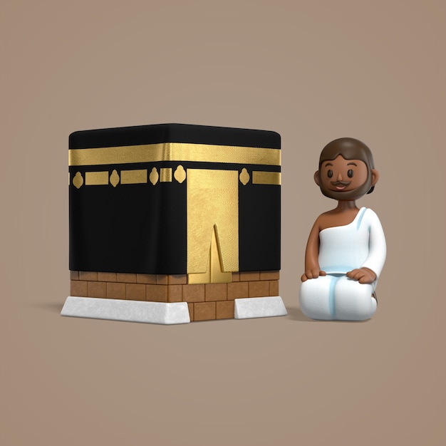 Kaaba with pilgrim in 3d cartoon style