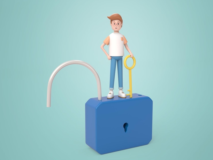 PSD Gratis karakter kartun pria 3d berdiri di atas gembok dan memegang kunci.
