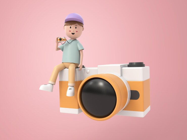 PSD Gratis karakter pria juru kamera 3d duduk di kamera besar