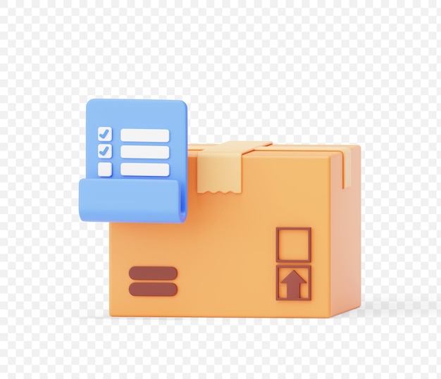 Kartonnen doos met checklist vinkje document magazijn pakket verzending tracking levering verzending pictogram teken of symbool 3d achtergrond illustratie