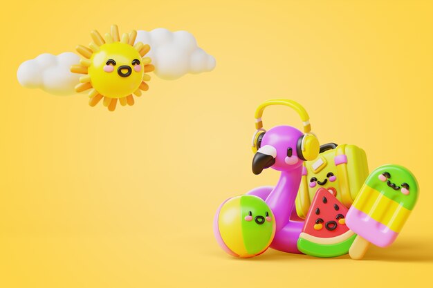 Kawaii-elementen 3D-rendering achtergrond