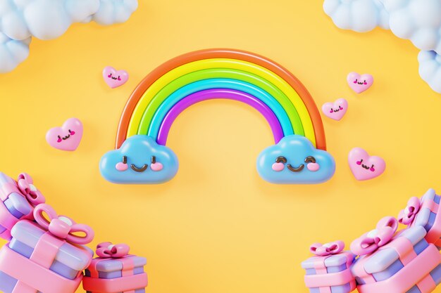 Kawaii-elementen 3D-rendering achtergrond
