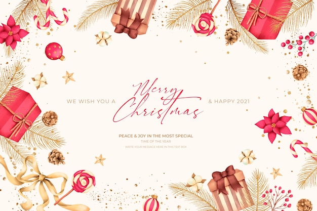 Gratis PSD kerst achtergrond met cadeautjes en ornamenten
