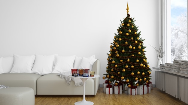 Kerstboom met gouden kerstballen binnen