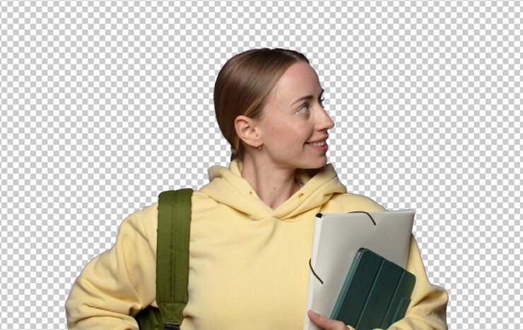 Gratis PSD kijk gelukkig vrolijk en zelfverzekerd glimlachend trots en kijkend naar de zijkant met beide handen op de heupen