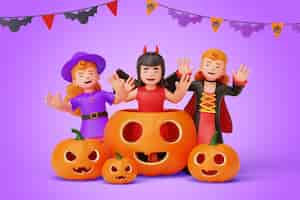 Gratis PSD kinderen in halloween 3d illustratie