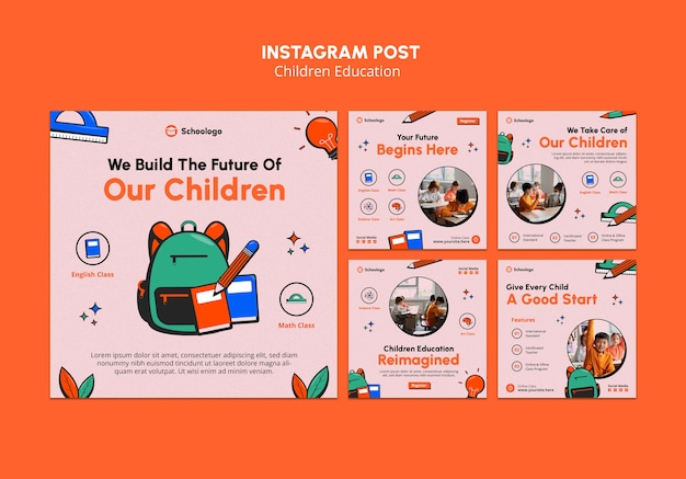 Gratis PSD kinderen onderwijs instagram posts set