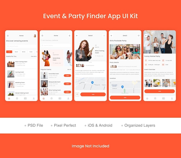 Kit de interfaz de usuario de la aplicación event amp party finder
