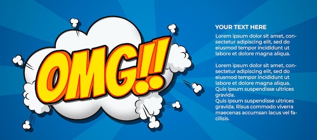 Gratis PSD kleurrijke cartoon banner met omg-symbool op platte achtergrond