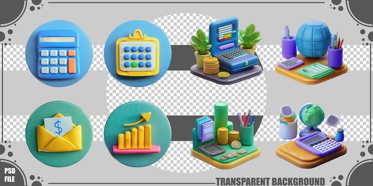 Gratis PSD kleurrijke illustraties van kantoor- en financiële iconen