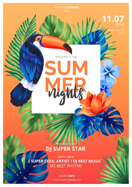 Kleurrijke zomer nachten poster sjabloon met Toucan