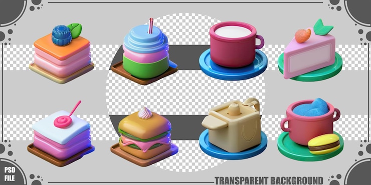 PSD Gratis koleksi makanan penutup dan camilan 3d berwarna-warni