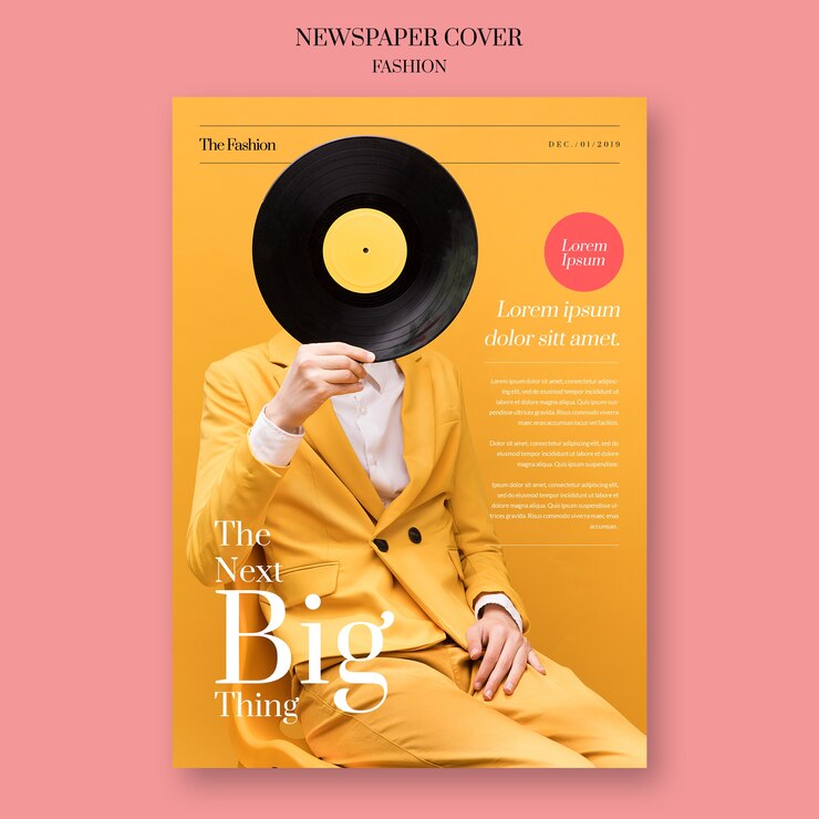 Gratis PSD krantenmode met model met vinylplaat