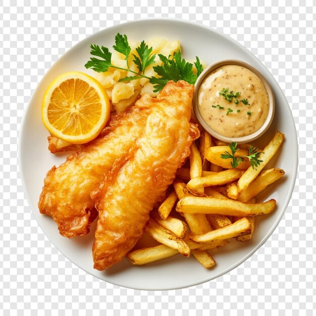 Kruisende gebakken vis en chips met citroen en tartar saus