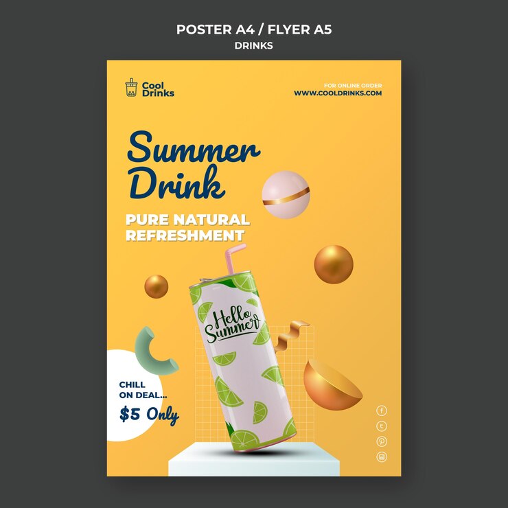 PSD gratuito l'estate beve pura bibita rinfrescante con poster di paglia