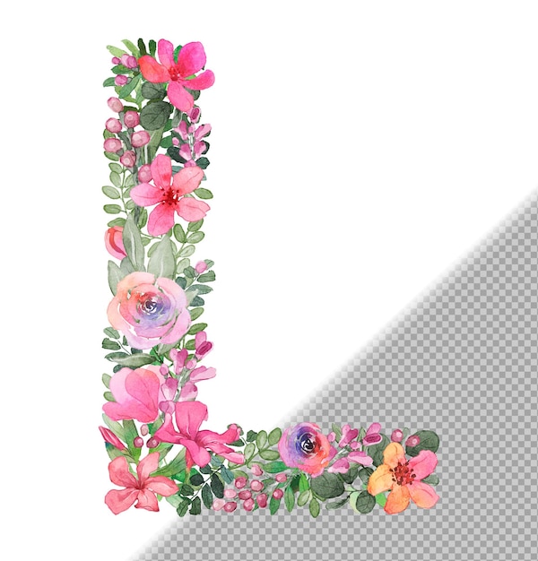 L-letter in hoofdletters gemaakt van zachte handgetekende bloemen en bladeren