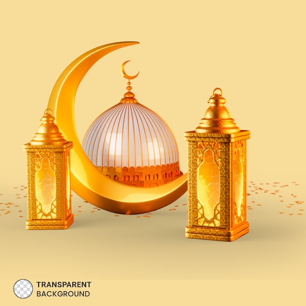 La moschea islamica con l'icona delle lanterne 3d rende l'illustrazione