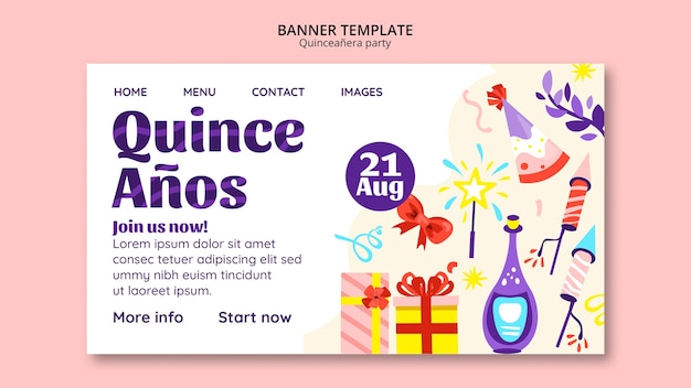 Gratis PSD landingspagina voor quinceañera-feestjes in plat ontwerp