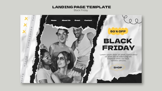 Gratis PSD landingspaginasjabloon voor black friday-uitverkoop met gescheurde papiertextuur