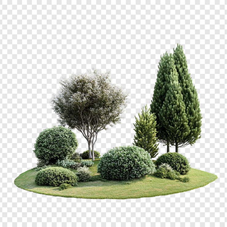 PSD Gratis landscaped garden island lush greenery diverse plants isolated on white background