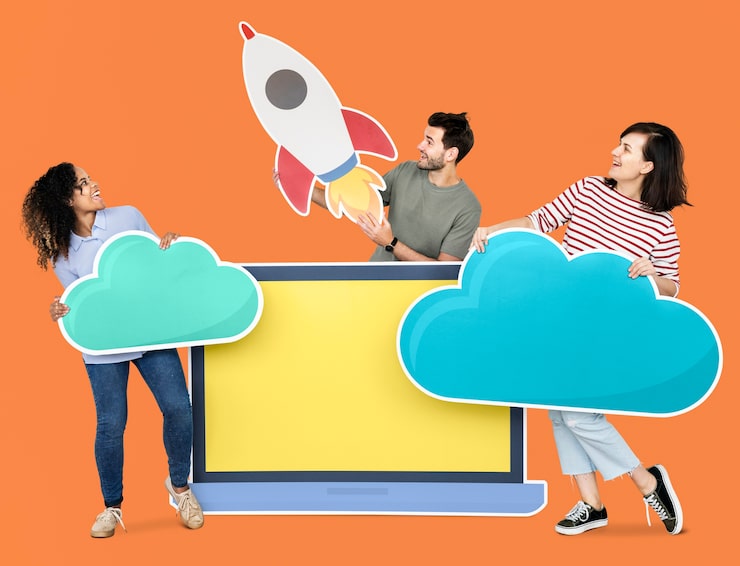 PSD gratuito lanzamiento del concepto de almacenamiento e innovación en la nube con un icono de cohete