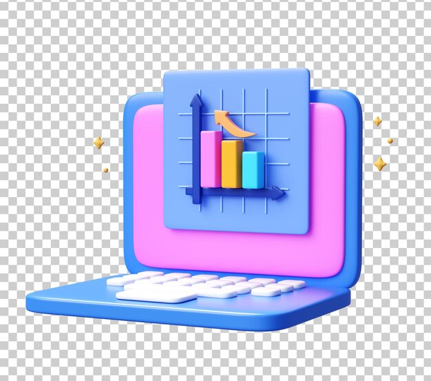 Laptop 3D con gráfico de barras y icono de flecha