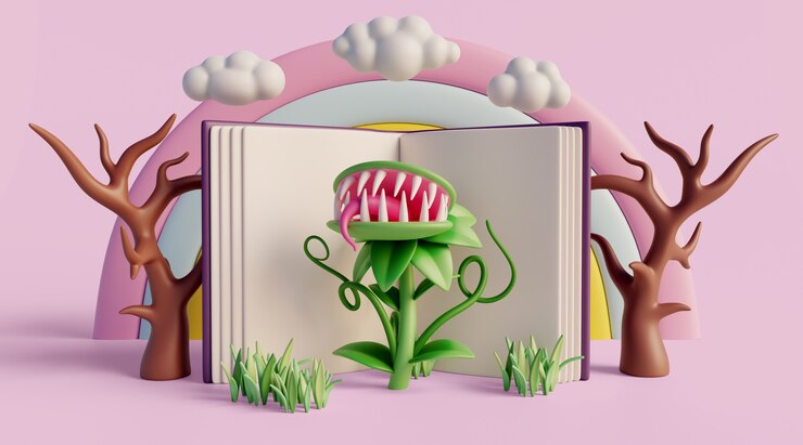 PSD Gratis latar belakang 3d dengan buku anak-anak membaca dongeng