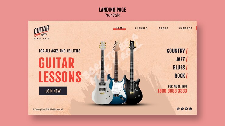 PSD gratuito lecciones de guitarra de plantilla de página de destino
