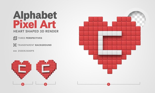 Letra C alfabeto pixel art 3d render fondo transparente